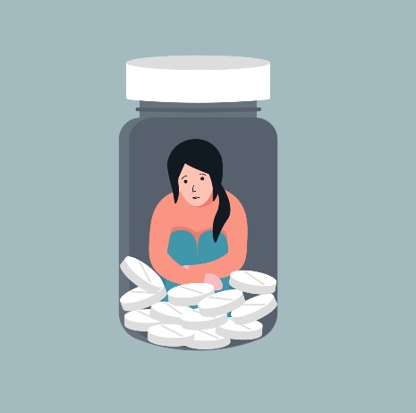 Illustration of woman trapped in pill bottle, to show painkiller addiction